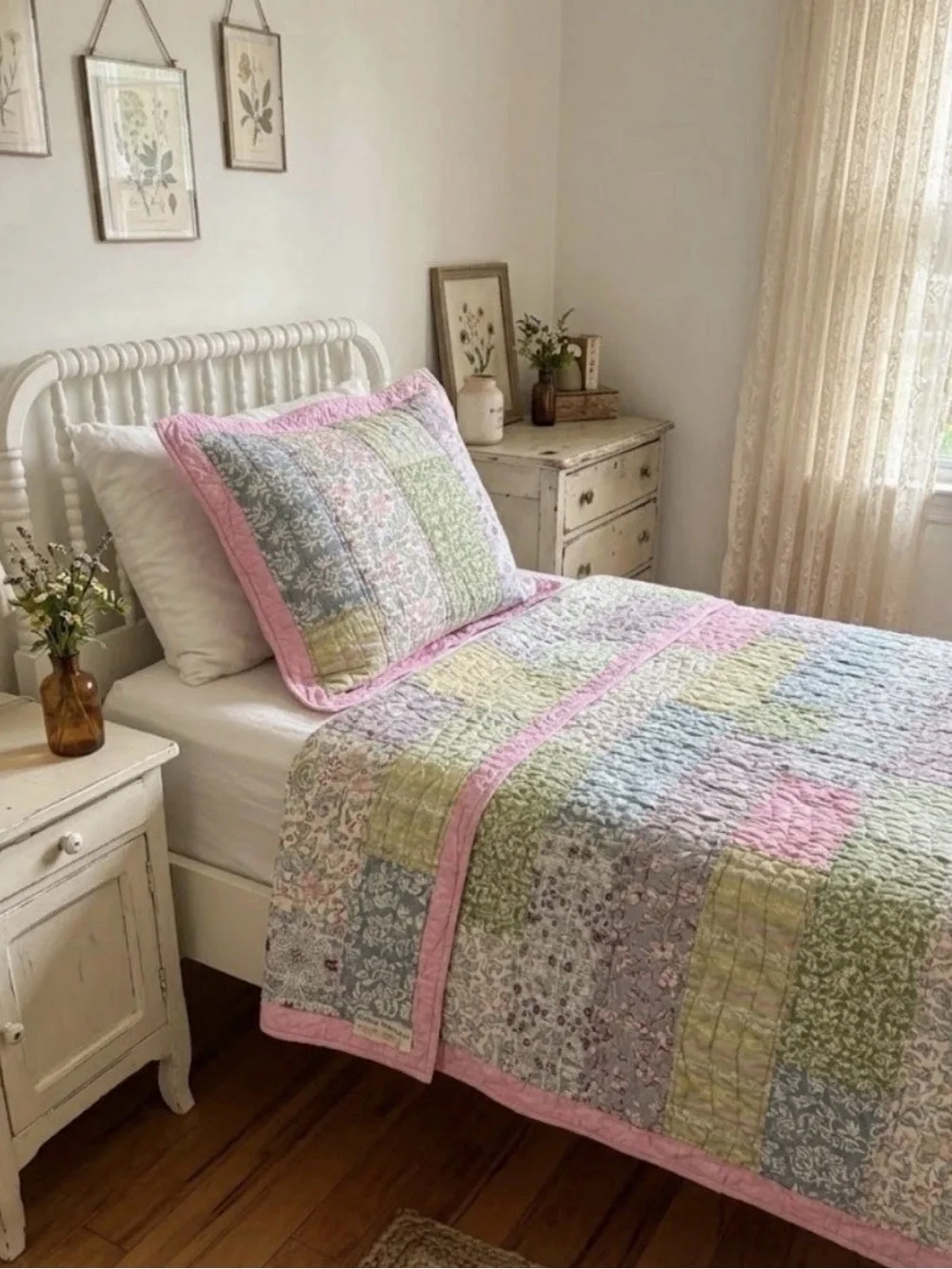 Vintage Pottery Barn Kids Pastel Bella Floral Patchwork Quilt & Sham Set Twin